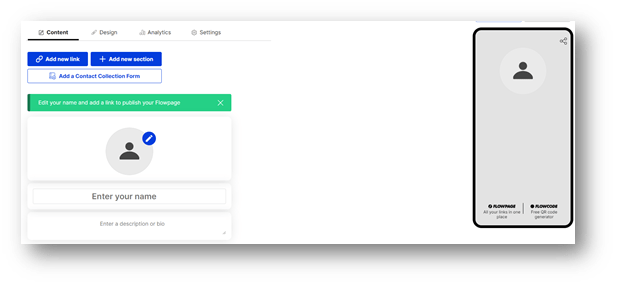 עמוד יצירת כרטיס ביקור דיגיטלי ב flowpage